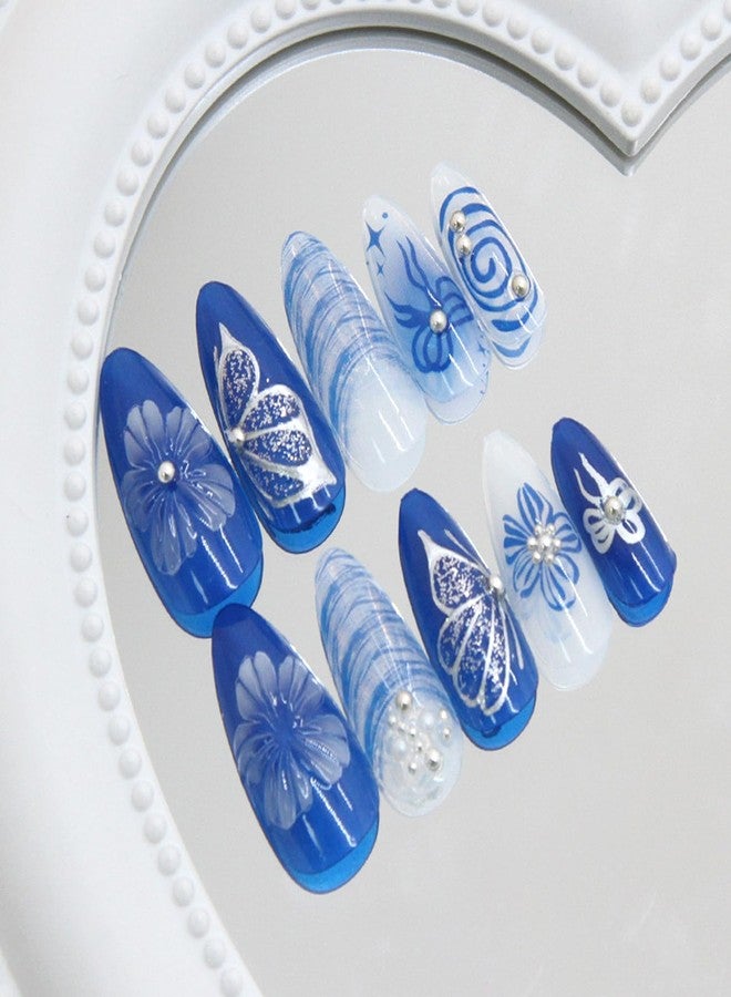 YKZFUI 24Pcs Blue Flowers Press on Nails Medium Almond Fake Nails Blue Deep Sea Butterfly, Pearl Shell Pattern Cute Floral Nail Art False Nails Almond-Shaped Stick on Nails Reusable Artificial Nail for Women - Image 3